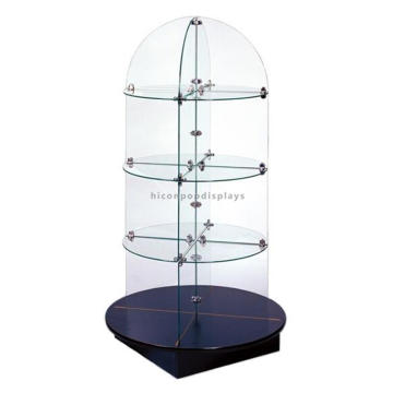 Custom Rotating Shopping Mall Floor Standing Black Wood Base 4-Tier Retail Glass Shoes Display Rack